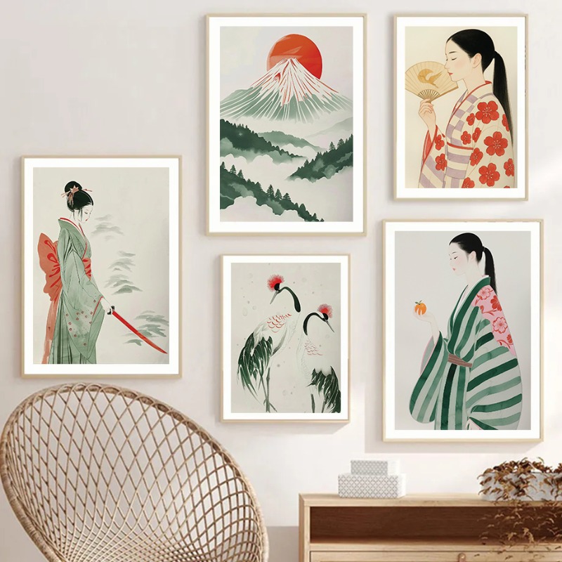 Japanese Lifestyle And Traditions - Mount Fuji & Crane Japanse muur
